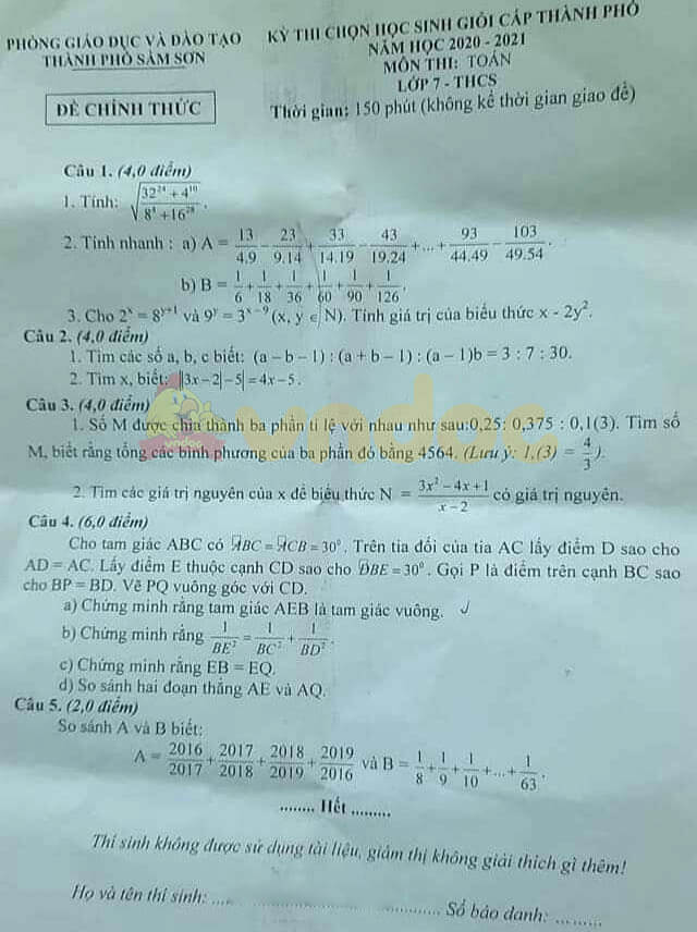 Đề thi học sinh giỏi cấp huyện lớp 7 môn Toán
