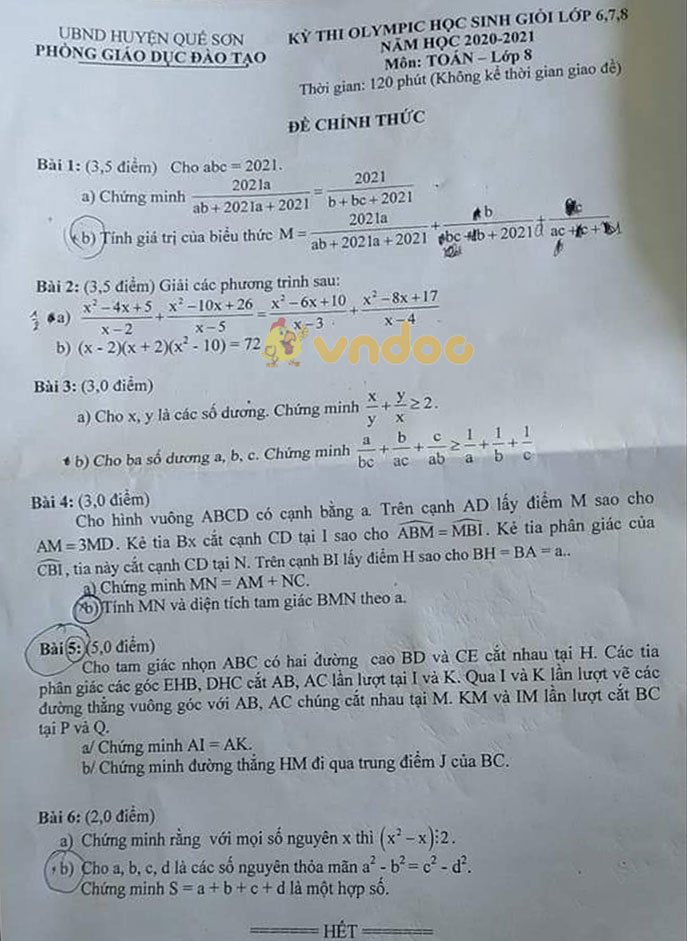 Đề thi Olympic lớp 8 môn Toán Phòng GD&ĐT Quế Sơn năm 2020 - 2021