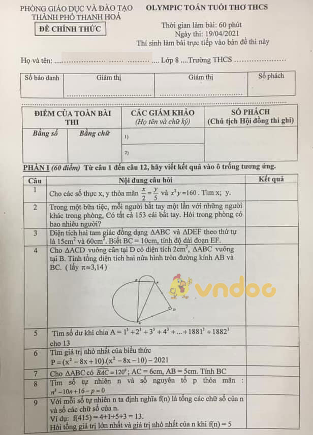 Đề thi Olympic lớp 8 môn Toán tuổi thơ Phòng GD&ĐT TP. Thanh Hóa năm 2020 - 2021