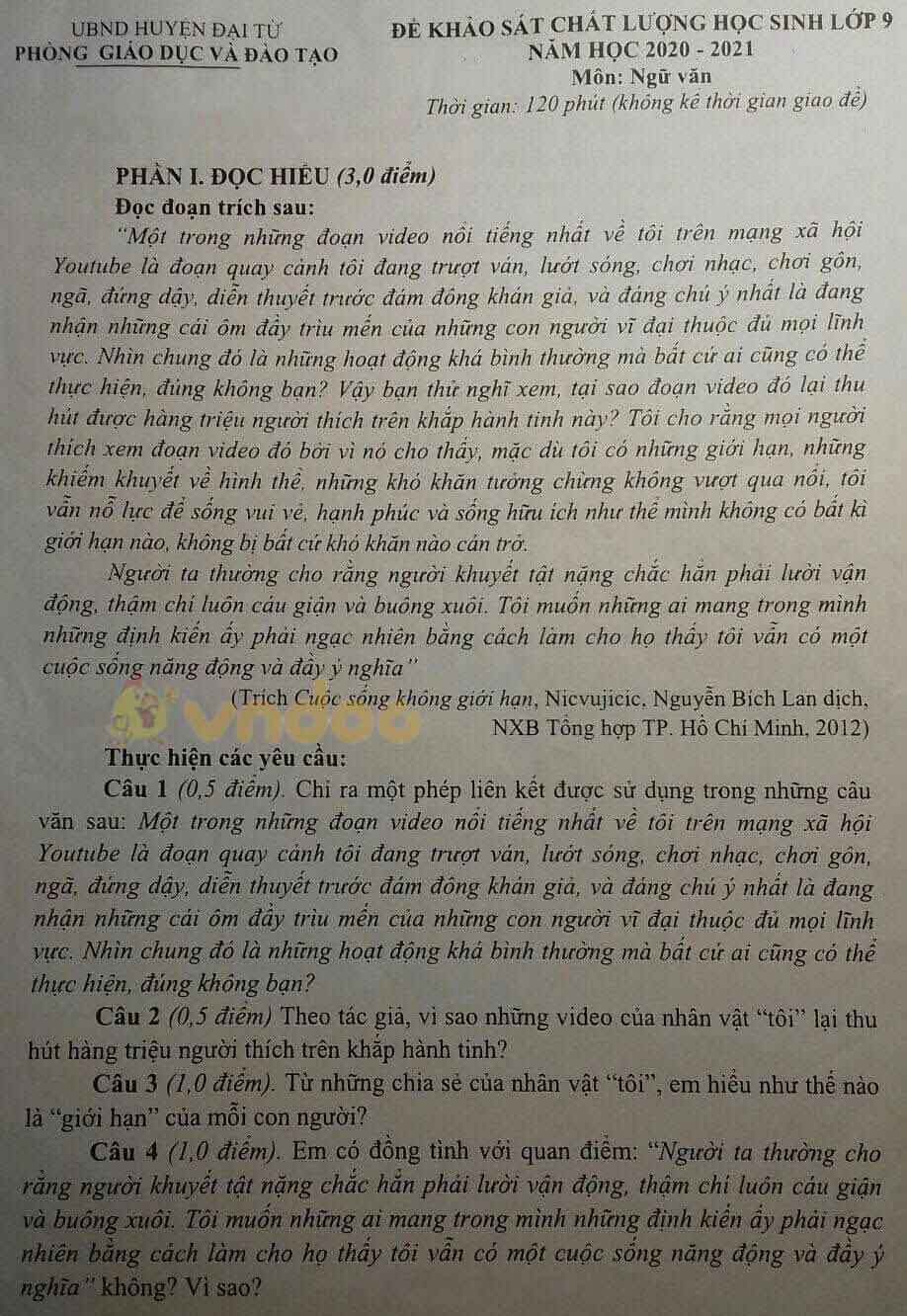 Đề thi thử vào lớp 10 môn Ngữ văn phòng GD&ĐT huyện Đại Từ năm 2021 - 2022