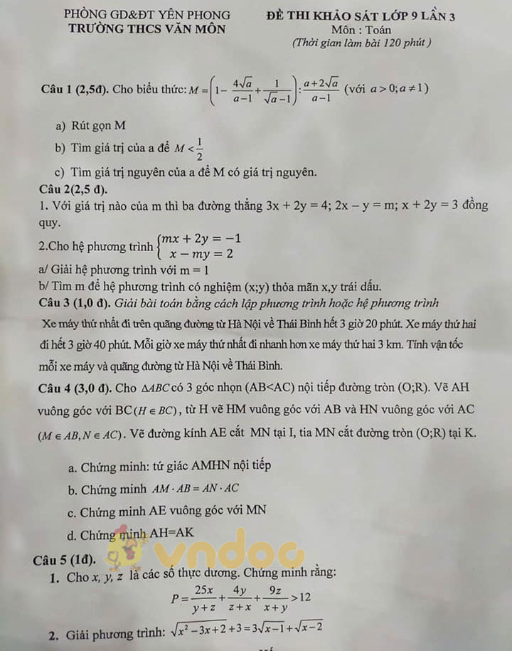 Đề thi thử vào lớp 10 môn Toán Trường THCS Văn Môn, Yên Phong năm 2020 - 2021 (lần 3)