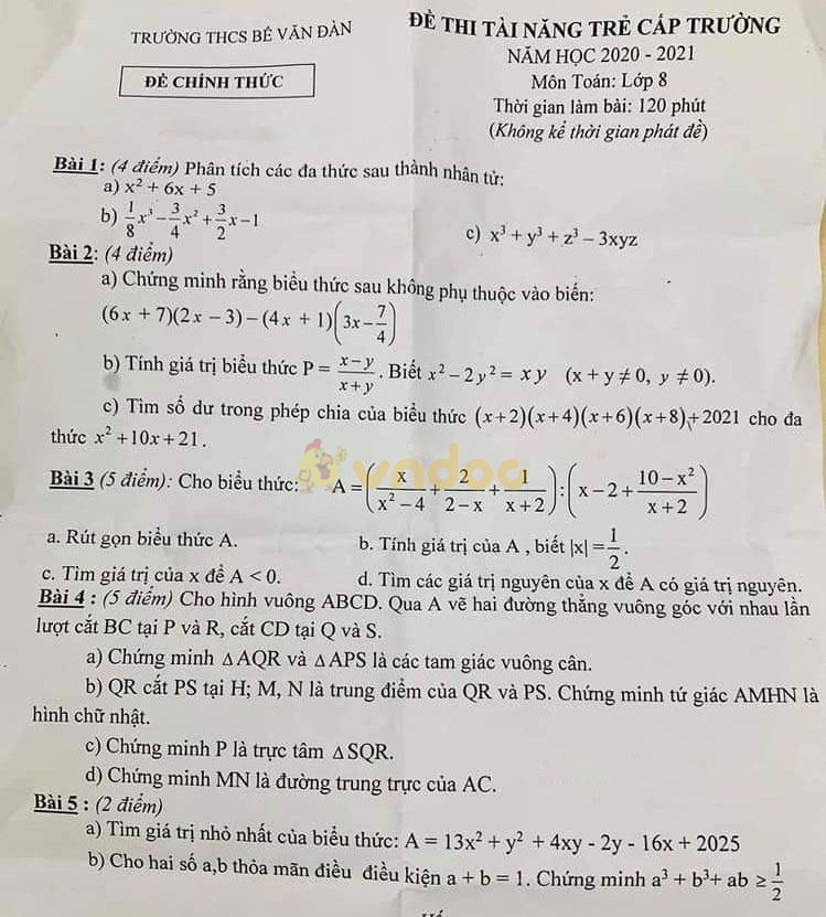 Đề thi học sinh giỏi lớp 8 môn Toán Phòng GD&ĐT Bế Văn Đàn năm 2020 - 2021