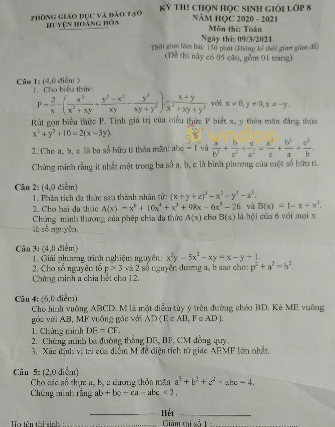Đề thi học sinh giỏi lớp 8 môn Toán Phòng GD&ĐT Hoằng Hóa năm 2020 - 2021