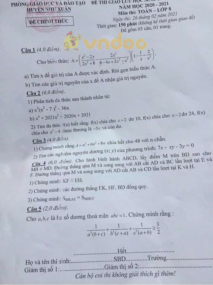 Đề thi học sinh giỏi lớp 8 môn Toán Phòng GD&ĐT huyện Như Xuân năm 2020 - 2021