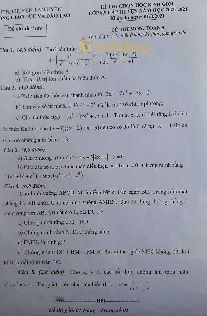 Đề thi học sinh giỏi lớp 8 môn Toán Phòng GD&ĐT huyện Tân Uyên năm 2020 - 2021