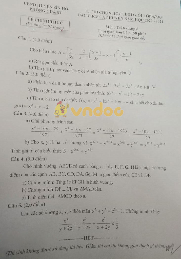 Đề thi học sinh giỏi lớp 8 môn Toán Phòng GD&ĐT Sìn Hồ, Lai Châu năm 2020 - 2021