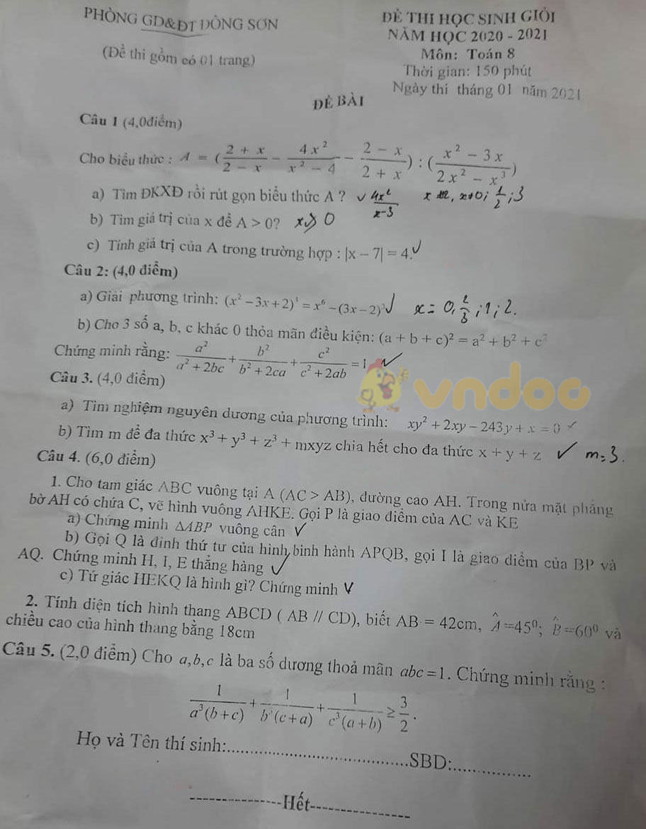 Đề thi học sinh giỏi lớp 8 môn Toán Phòng GD&ĐT huyện Đông Sơn, Thanh Hóa năm 2020 - 2021