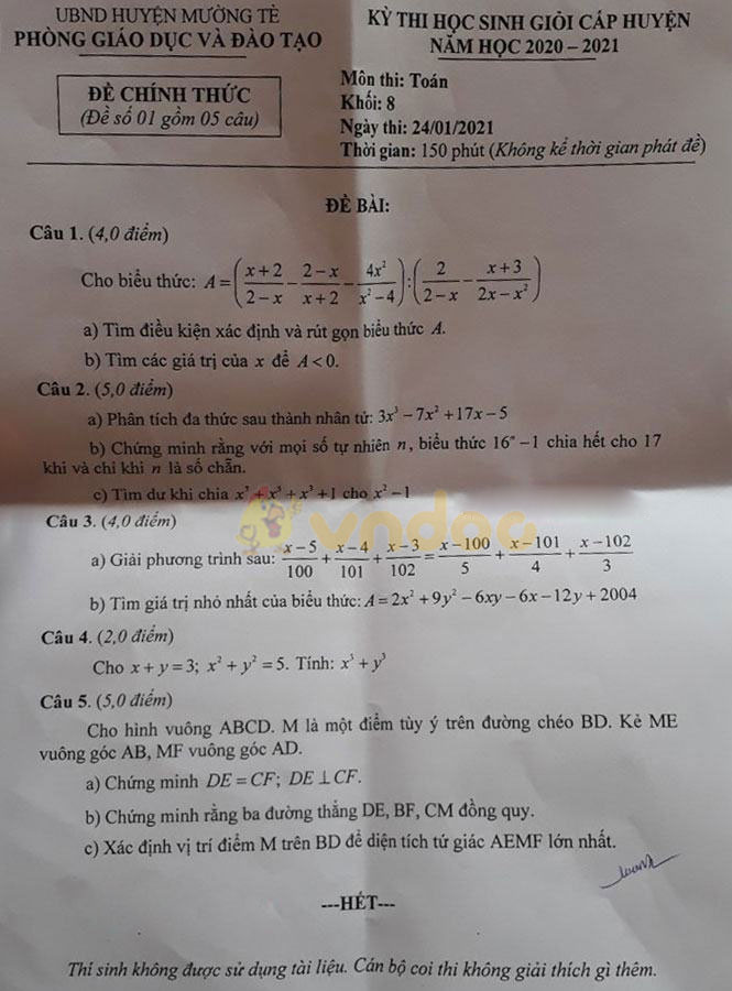 Đề thi học sinh giỏi lớp 8 môn Toán Phòng GD&ĐT huyện Mường Tè năm 2020 - 2021