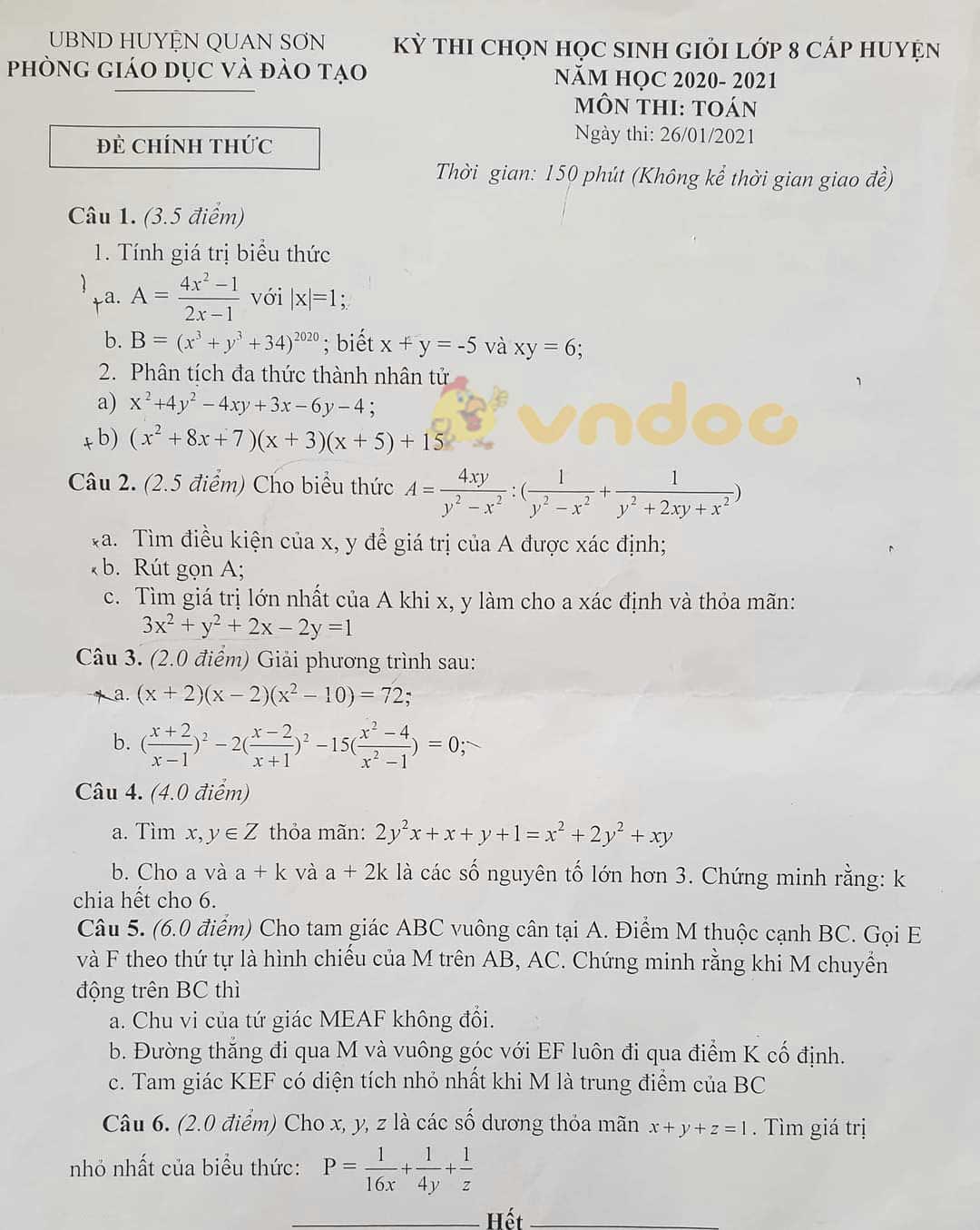 Đề thi học sinh giỏi lớp 8 môn Toán Phòng GD&ĐT huyện Quan Sơn năm 2020 - 2021