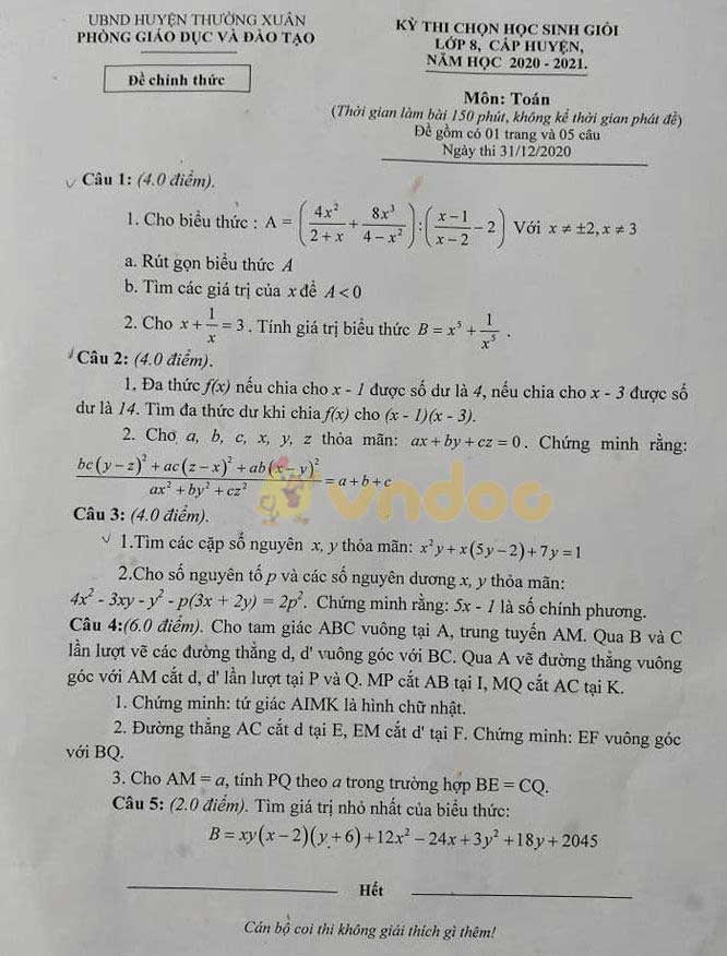 Đề thi học sinh giỏi lớp 8 môn Toán Phòng GD&ĐT huyện Thường Xuân năm 2020 - 2021