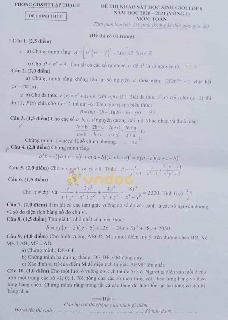 Đề thi học sinh giỏi lớp 8 môn Toán Phòng GD&ĐT Lập Thạch năm 2020 - 2021