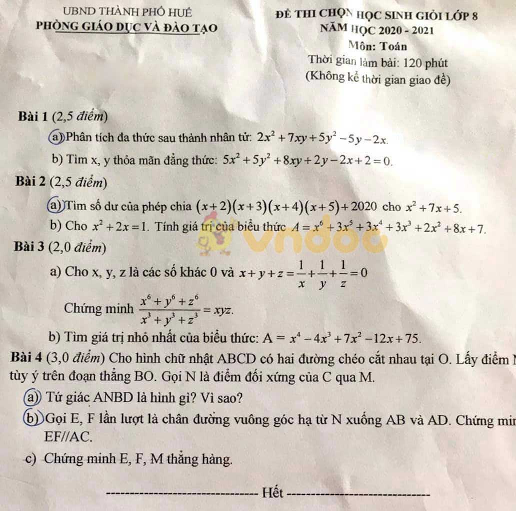 Đề thi học sinh giỏi lớp 8 môn Toán Phòng GD&ĐT Thành phố Huế năm 2020 - 2021