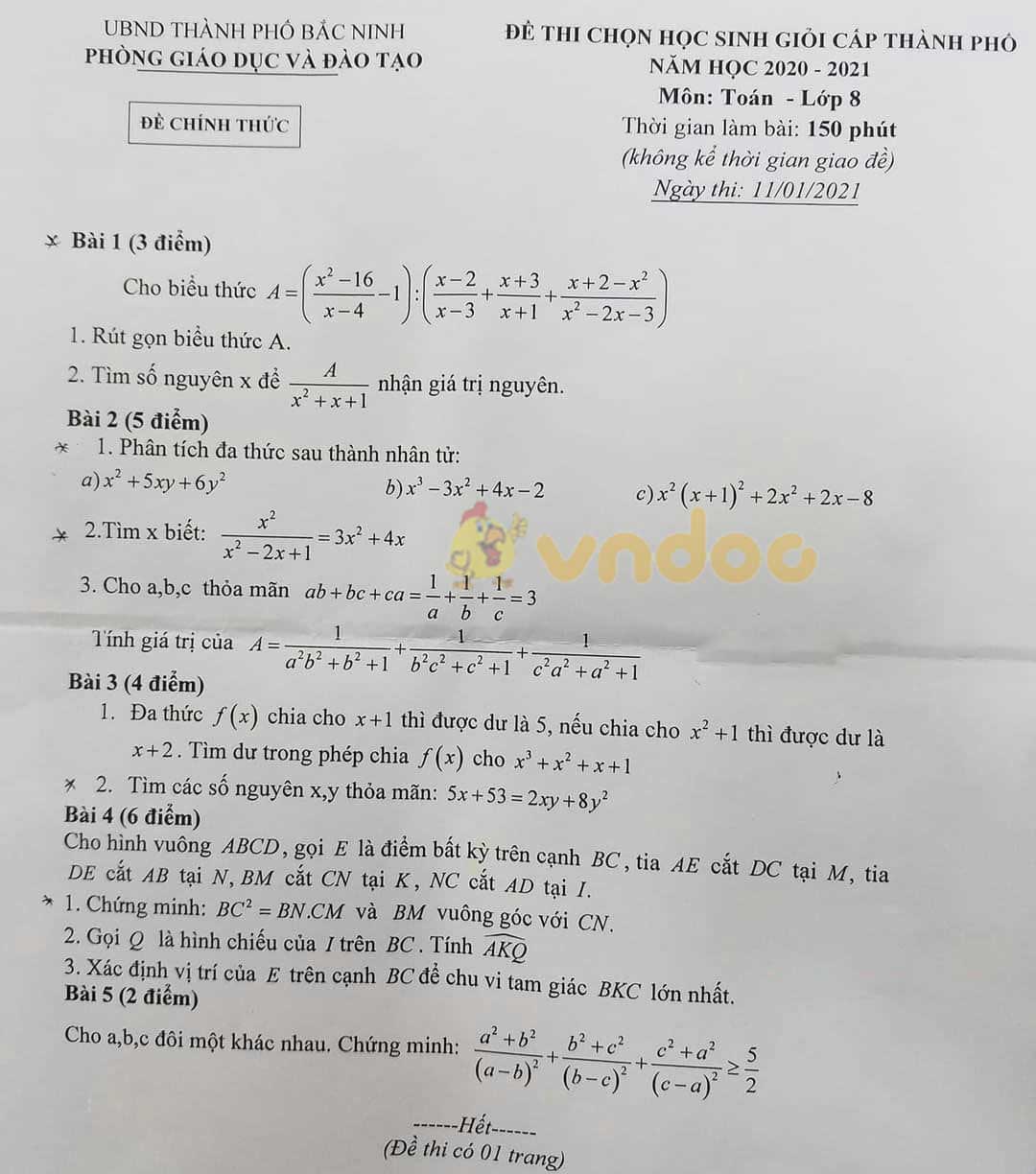 Đề thi học sinh giỏi lớp 8 môn Toán Phòng GD&ĐT TP. Bắc Ninh năm 2020 - 2021