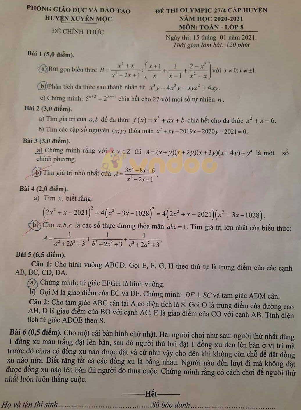 Đề thi Olympic lớp 8 môn Toán Phòng GD&ĐT huyện Xuyên Lộc năm 2020 - 2021