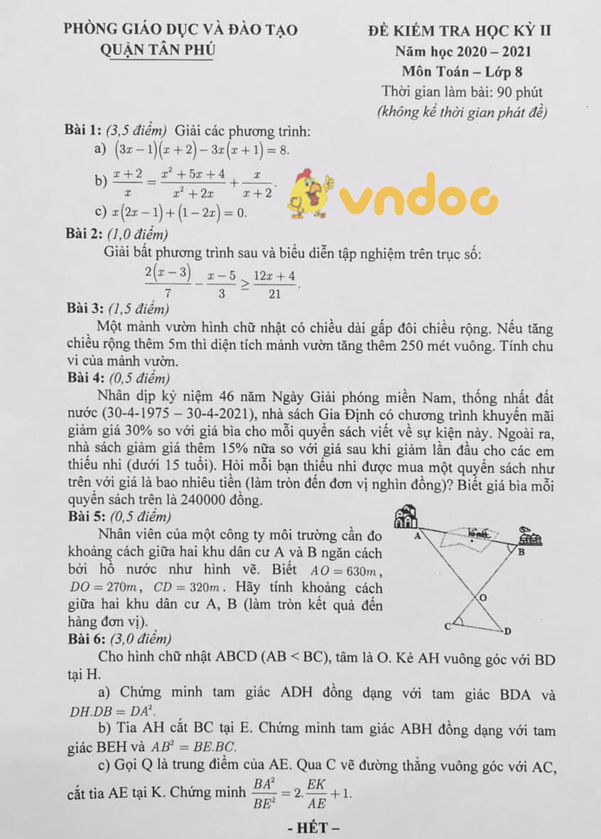 Đề thi học kì 2 Toán 8 phòng GD&ĐT quận Tân Phú năm 2020 - 2021