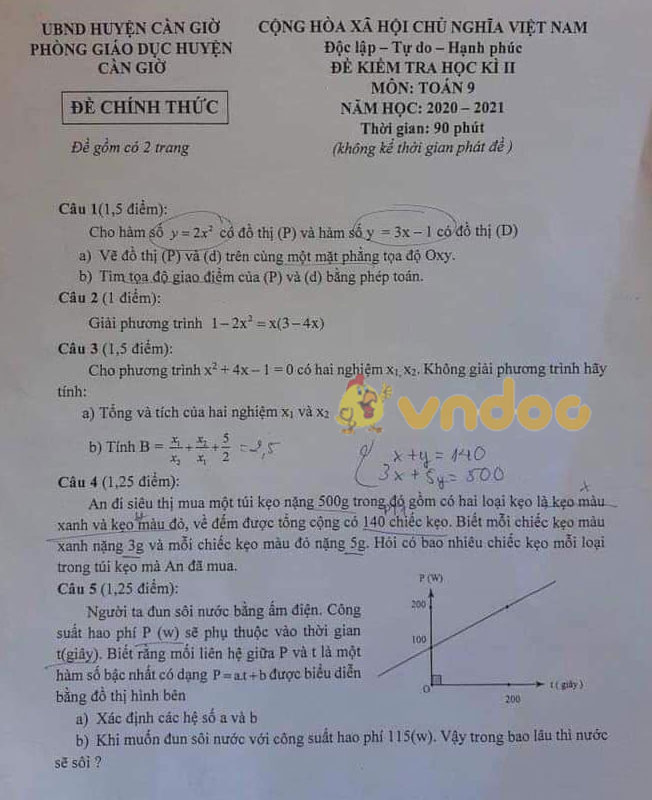 Đề thi học kì 2 Toán 9 phòng GD&ĐT huyện Cần Giờ năm 2020 - 2021