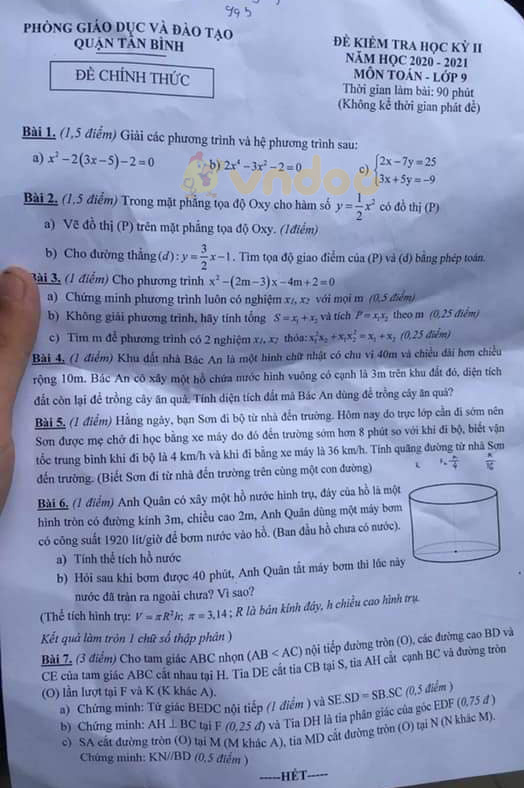 Đề thi học kì 2 Toán 9 phòng GD&ĐT quận Tân Bình năm 2020 - 2021