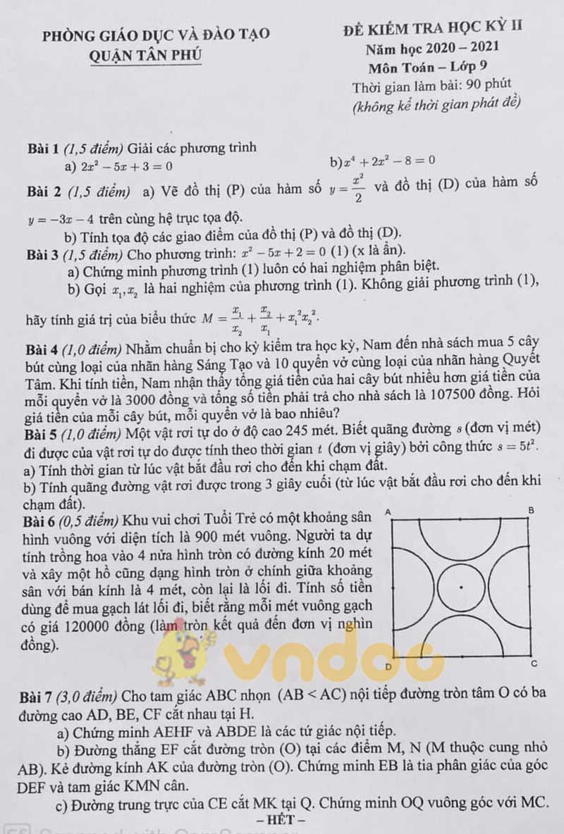 Đề thi học kì 2 Toán 9 phòng GD&ĐT quận Tân Phú năm 2020 - 2021