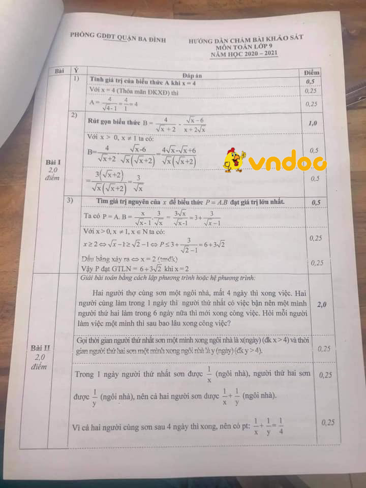 Đề thi thử vào lớp 10 môn Toán phòng GD&ĐT Quận Ba Đình năm 2020 - 2021