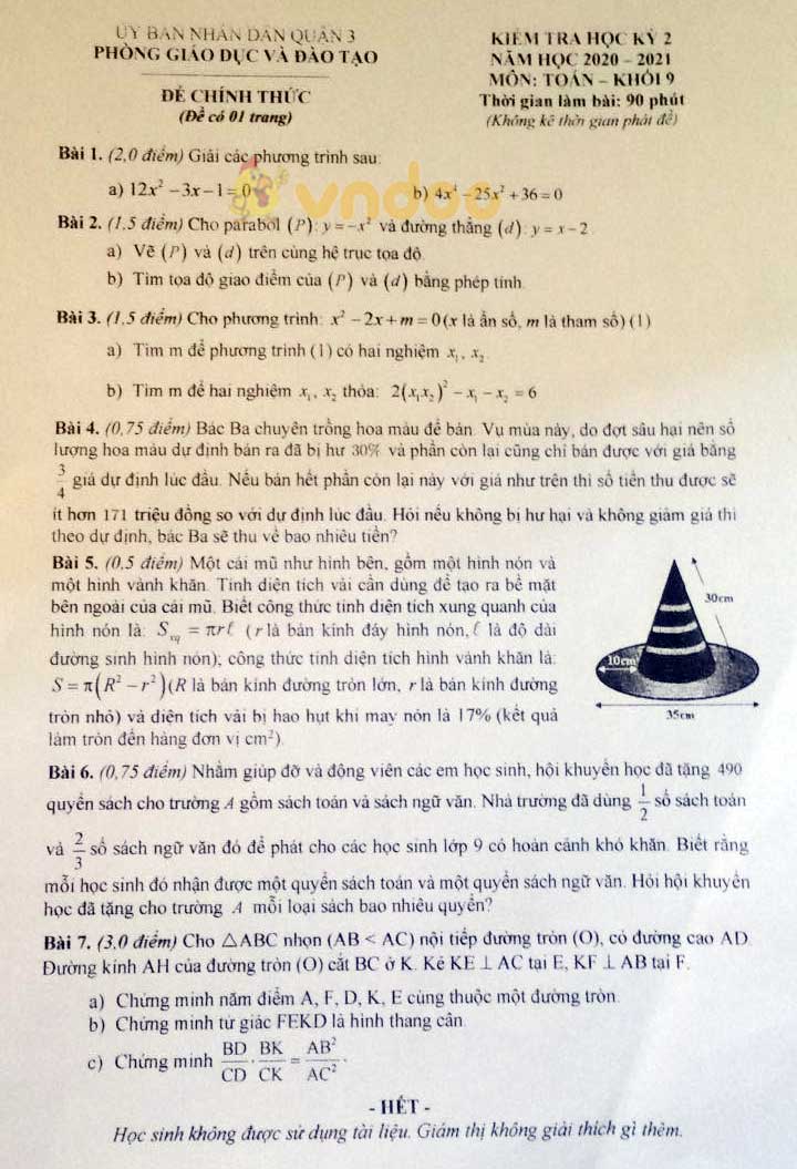 Đề thi học kì 2 Toán 9 Phòng GD&ĐT Quận 3 năm 2020 - 2021