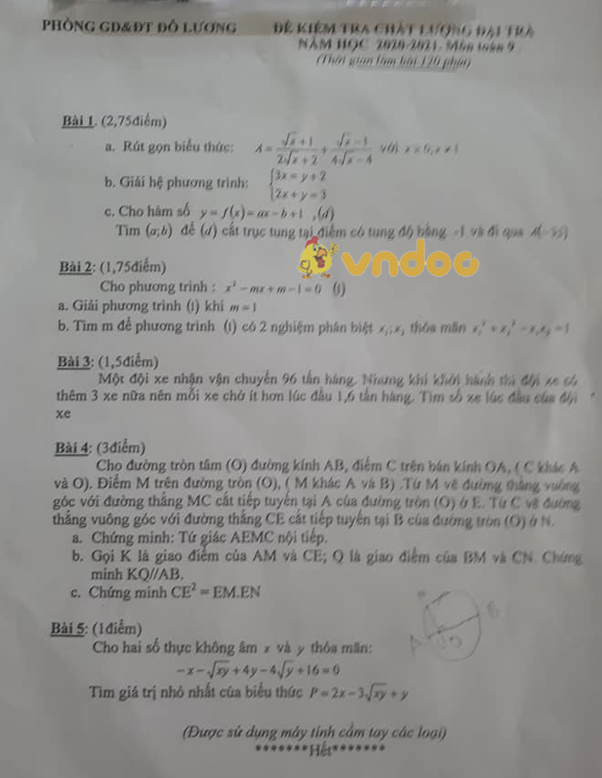 Đề thi học kì 2 Toán 9 Sở GD&ĐT Đô Lương năm 2020 - 2021
