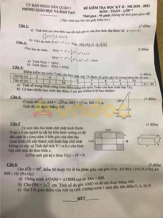 Đề thi hk2 Toán 7