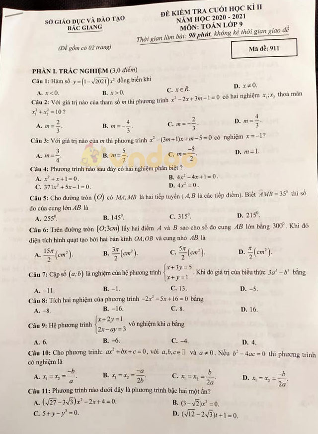 Đề thi học kì 2 Toán 9 Sở GD&ĐT Bắc Giang năm 2020 - 2021