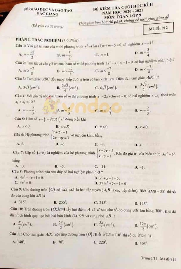Đề thi học kì 2 Toán 9 Sở GD&ĐT Bắc Giang năm 2020 - 2021