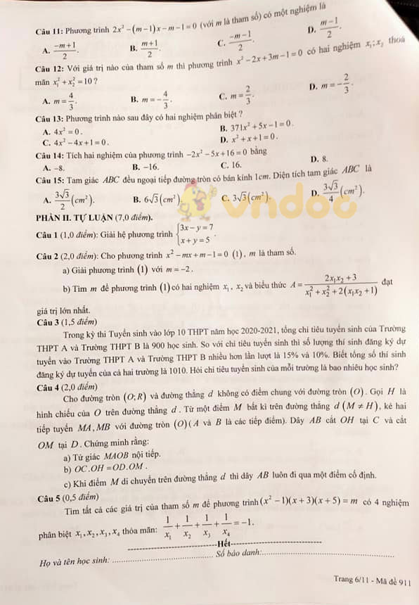 Đề thi học kì 2 Toán 9 Sở GD&ĐT Bắc Giang năm 2020 - 2021
