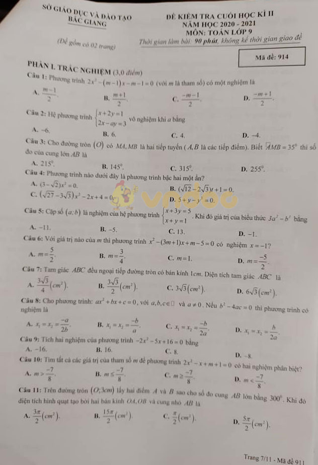 Đề thi học kì 2 Toán 9 Sở GD&ĐT Bắc Giang năm 2020 - 2021