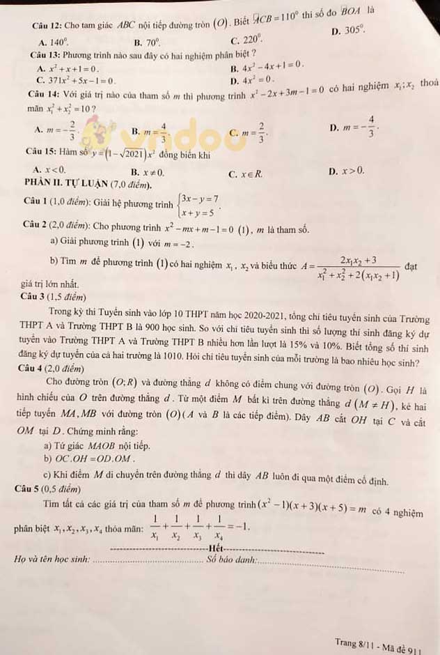 Đề thi học kì 2 Toán 9 Sở GD&ĐT Bắc Giang năm 2020 - 2021