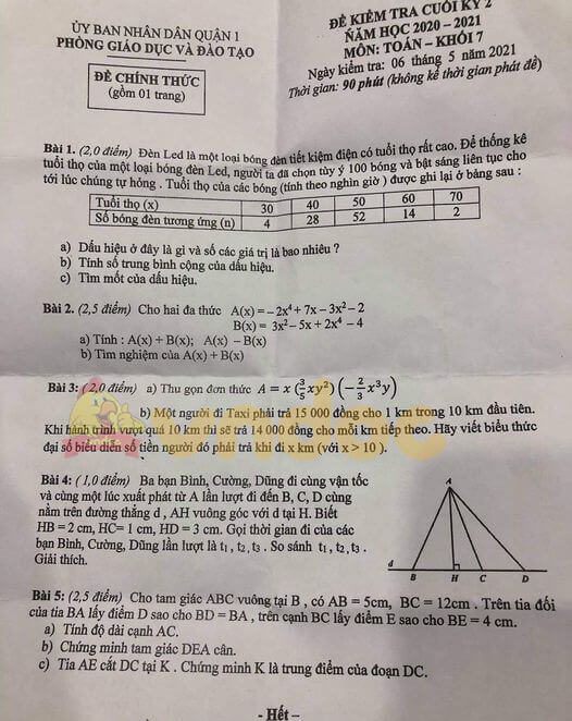 Đề thi hk2 Toán 7