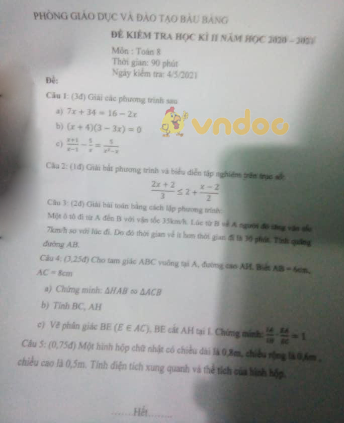 Đề thi học kì 2 Toán 8 phòng GD&ĐT Bàu Bàng năm 2020 - 2021