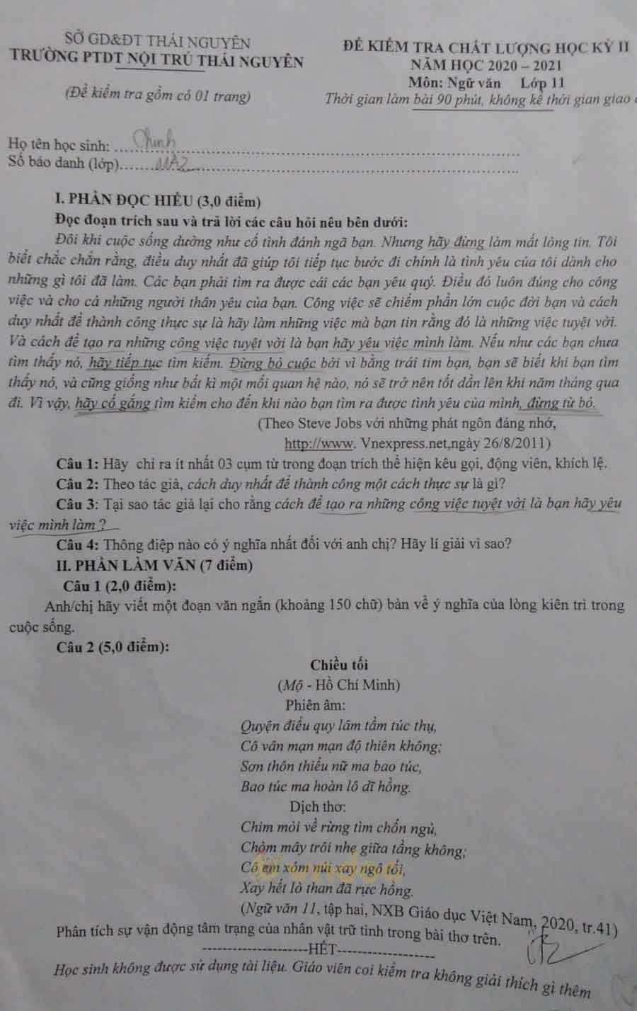 Đề thi học kì 2 môn Ngữ văn lớp 11 trường PTDTNT Thái Nguyên năm 2020-2021