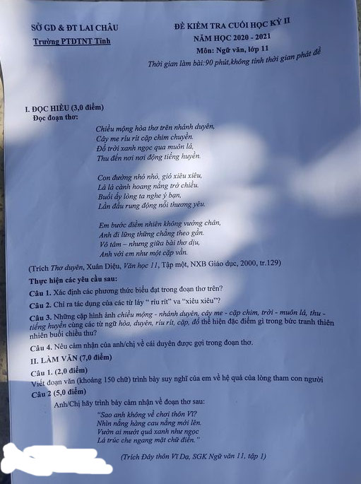 Đề thi học kì 2 môn Ngữ văn lớp 11 trường PTDTNT tỉnh Lai Châu