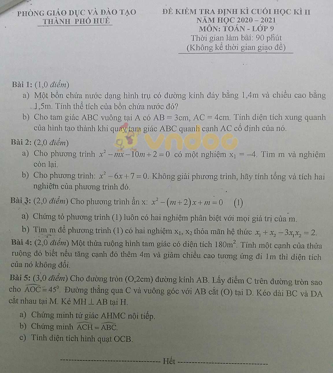 Đề thi học kì 2 Toán 9 Phòng GD&ĐT Thành phố Huế năm 2020 - 2021