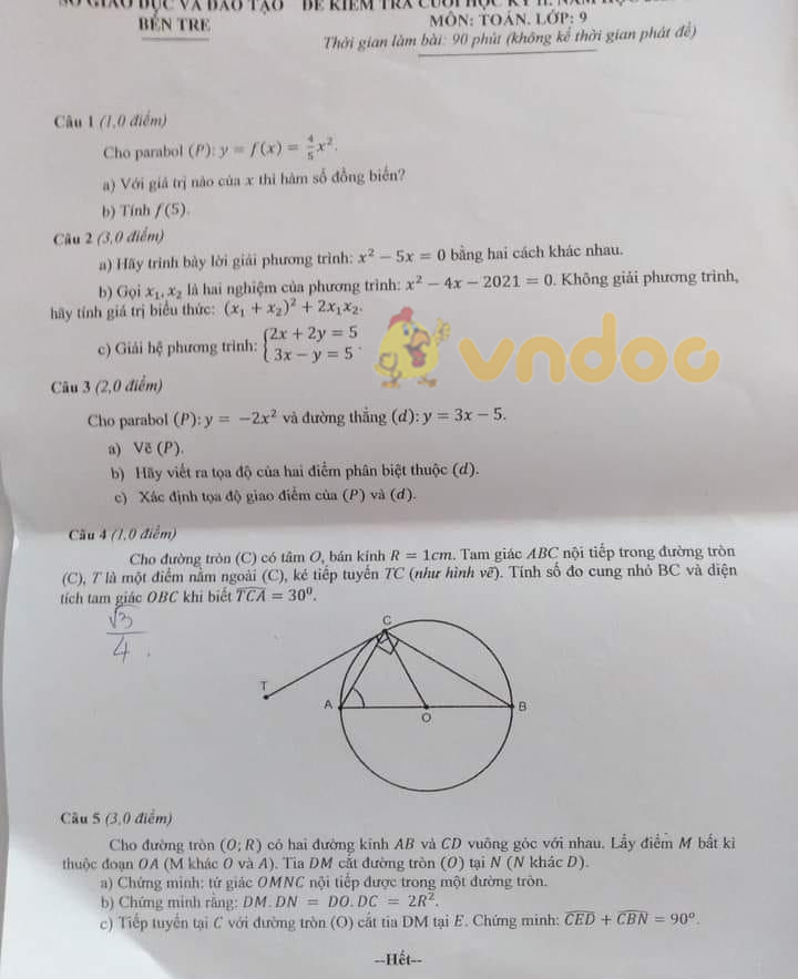 Đề thi học kì 2 Toán 9 Sở GD&ĐT Bến Tre năm 2020 - 2021