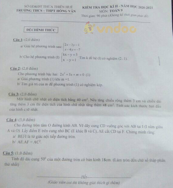 Đề thi học kì 2 Toán 9 Trường THCS - THPT Hồng Vân, Thừa Thiên Huế năm 2020 - 2021