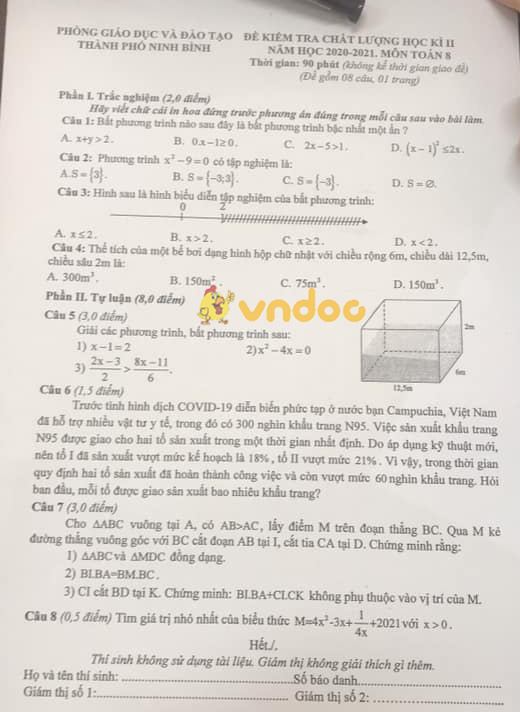 Đề thi học kì 2 Toán 8 Phòng GD&ĐT TP. Ninh Bình năm 2020 - 2021