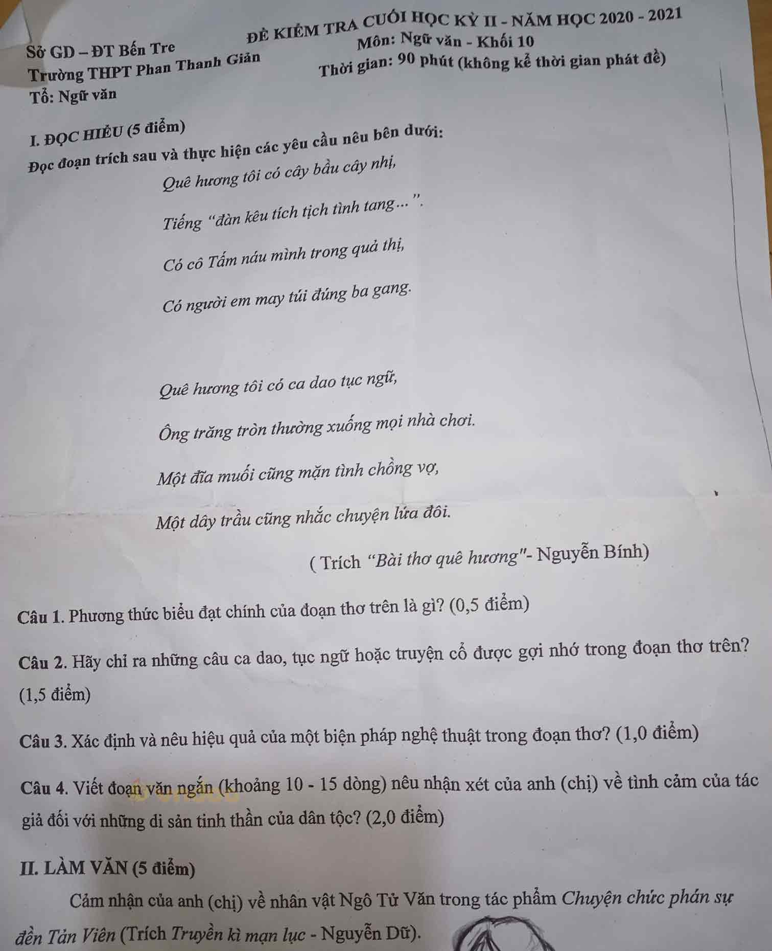 Đề thi học kì 2 môn Ngữ văn lớp 10 trường THPT Phan Thanh Giản, Bến Tre năm 2020-2021