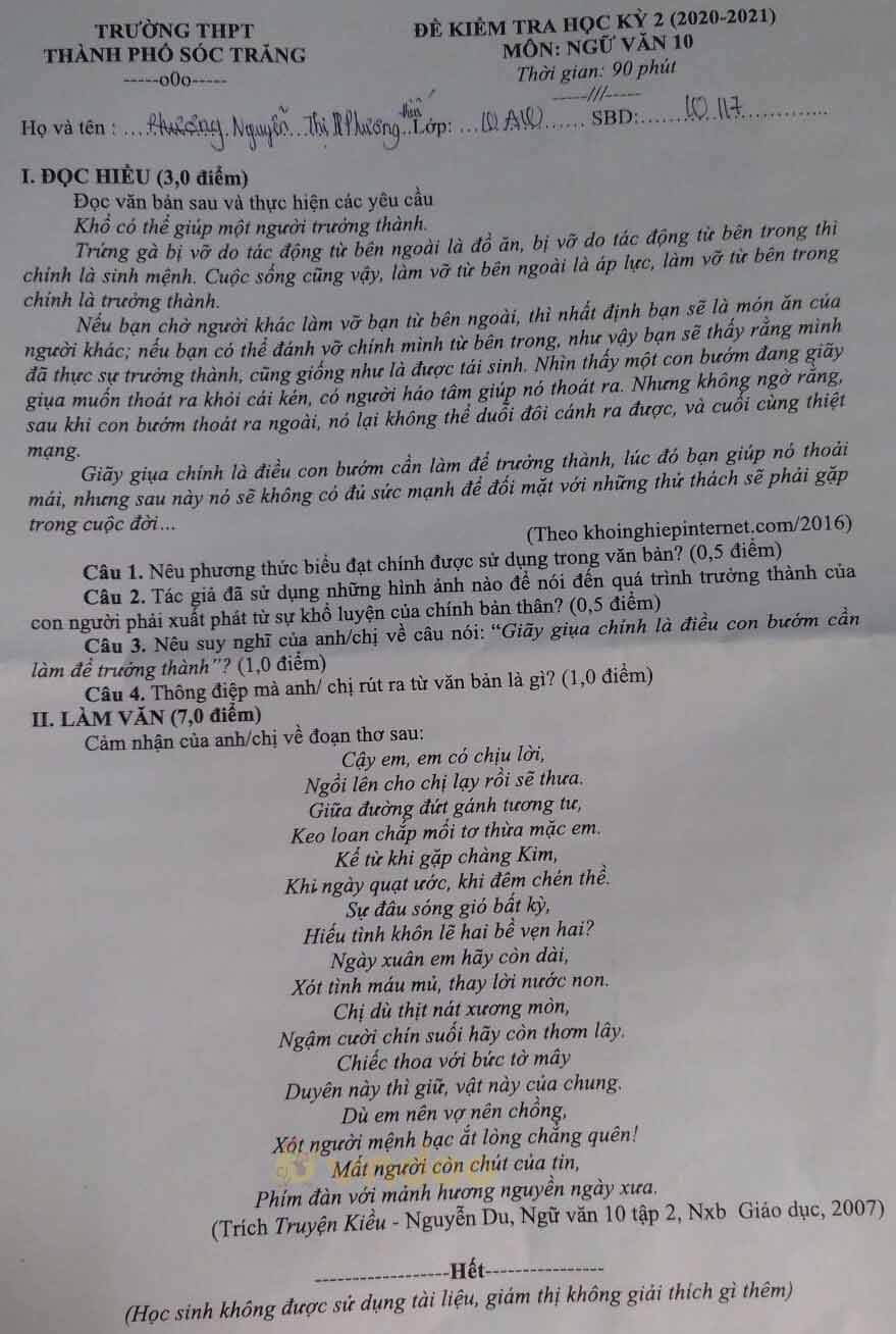 Đề thi học kì 2 môn Ngữ văn lớp 10 trường THPT TP Sóc Trăng năm 2020-2021