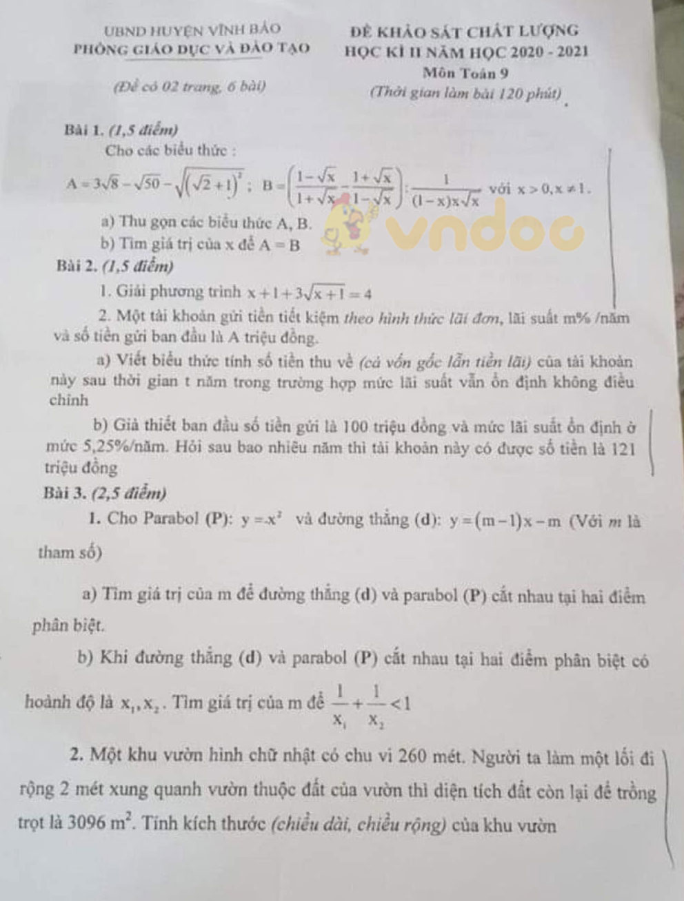 Đề thi học kì 2 Toán 9 phòng GD&ĐT huyện Vĩnh Bảo năm 2020 - 2021