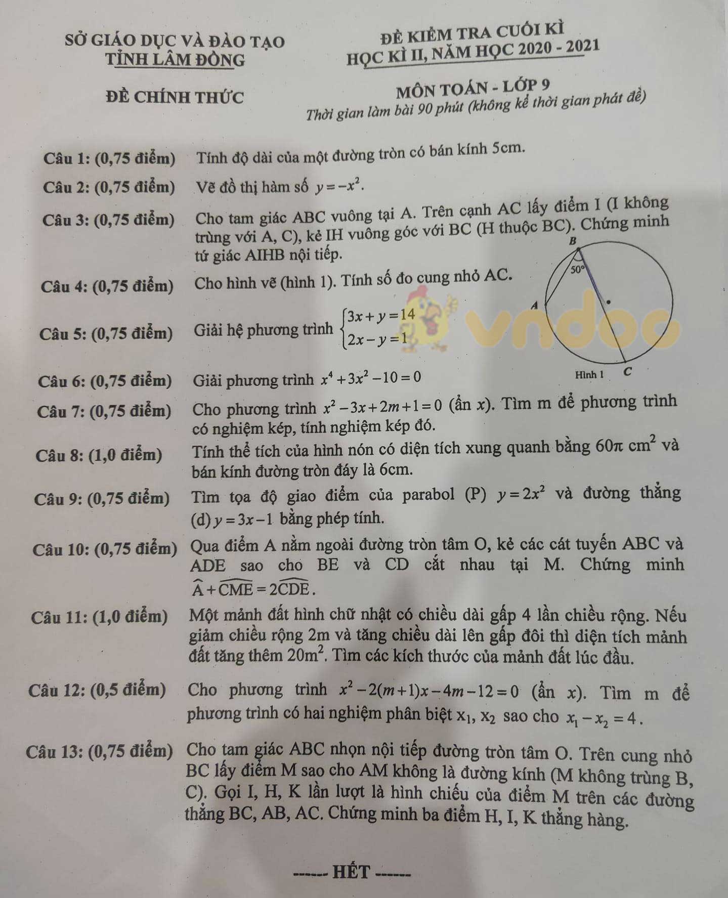 Đề thi học kì 2 Toán 9 Sở GD&ĐT Lâm Đồng năm 2020 - 2021
