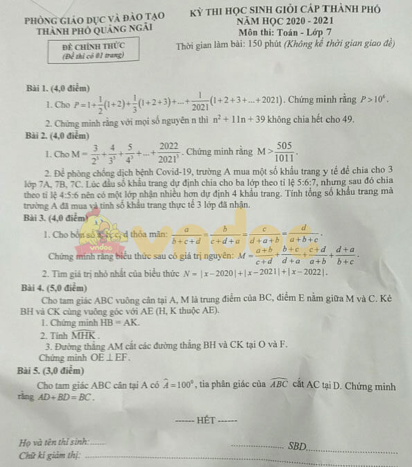 Đề thi học sinh giỏi cấp huyện lớp 7 môn Toán