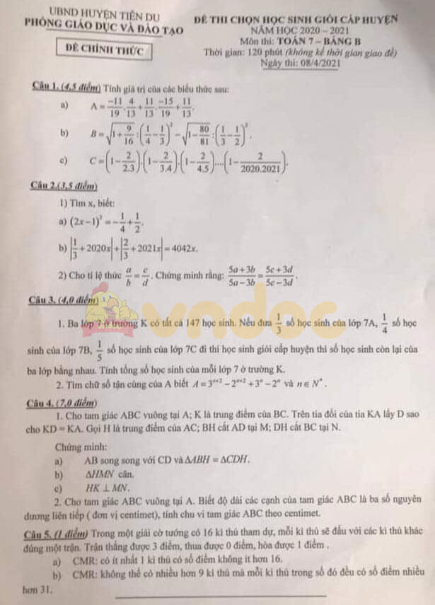 Đề thi học sinh giỏi cấp huyện lớp 7 môn Toán