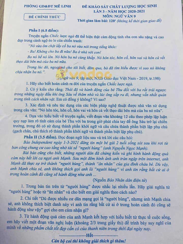 Đề thi thử vào lớp 10 môn Ngữ văn phòng GD&ĐT Mê Linh năm 2020 - 2021 (lần 3)