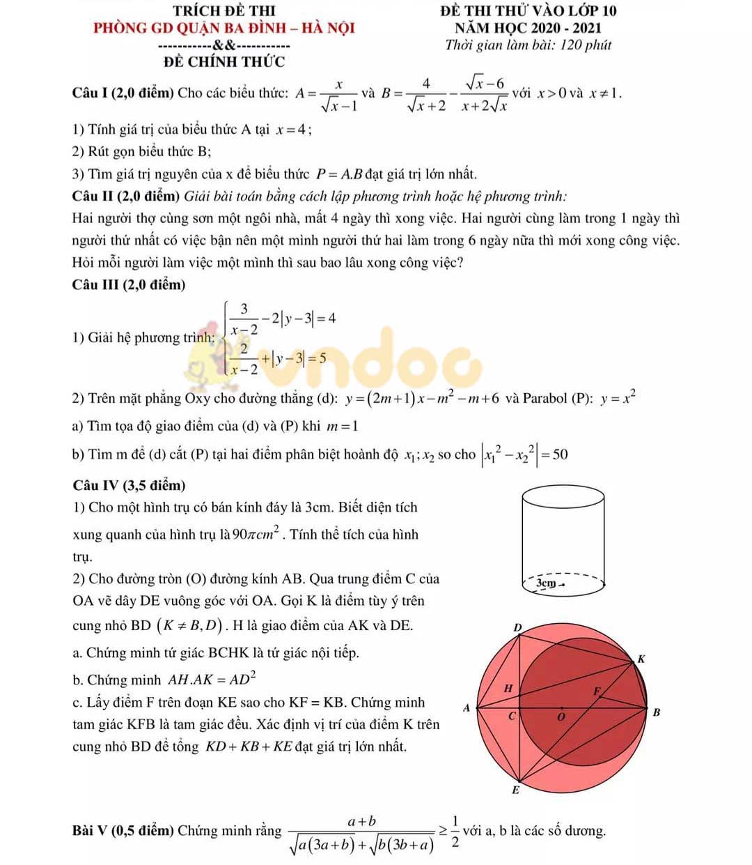 Đề thi thử vào lớp 10 môn Toán Phòng GD&ĐT Ba Đình năm học 2021 - 2022