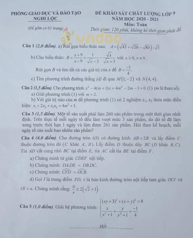 Đề KSCL Toán 9 phòng GD&ĐT Nghi Lộc năm 2020 - 2021