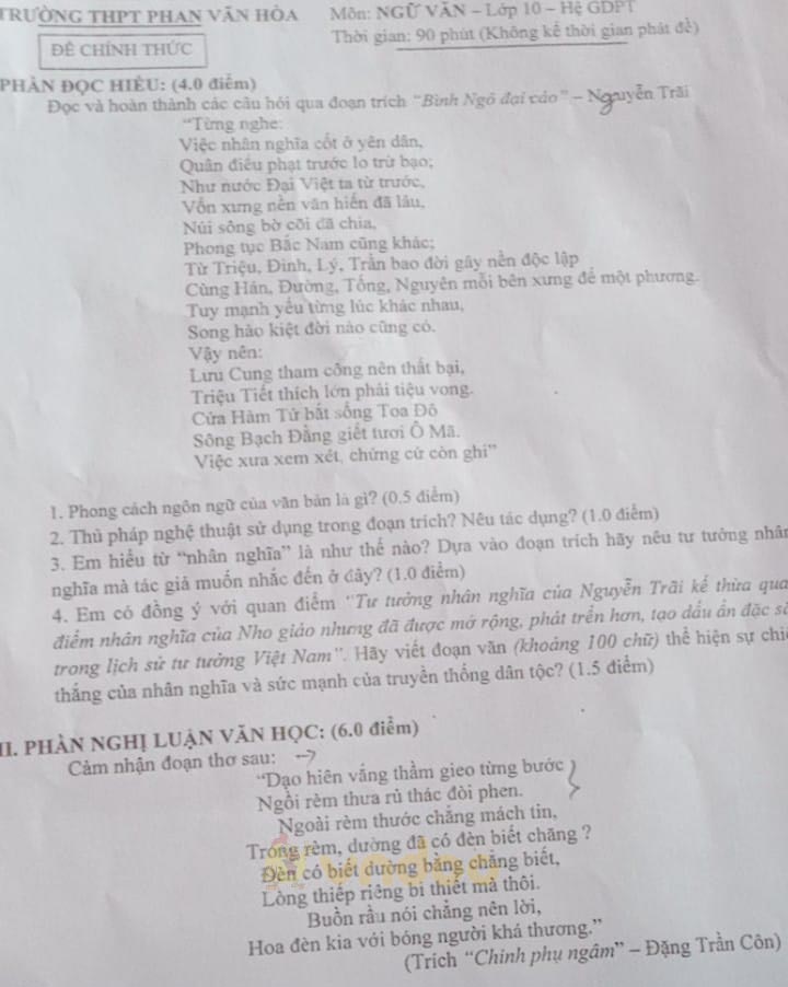 Đề thi học kì 2 môn Ngữ văn lớp 10 trường THPT Phan Văn Hòa, Vĩnh Long năm 2020-2021
