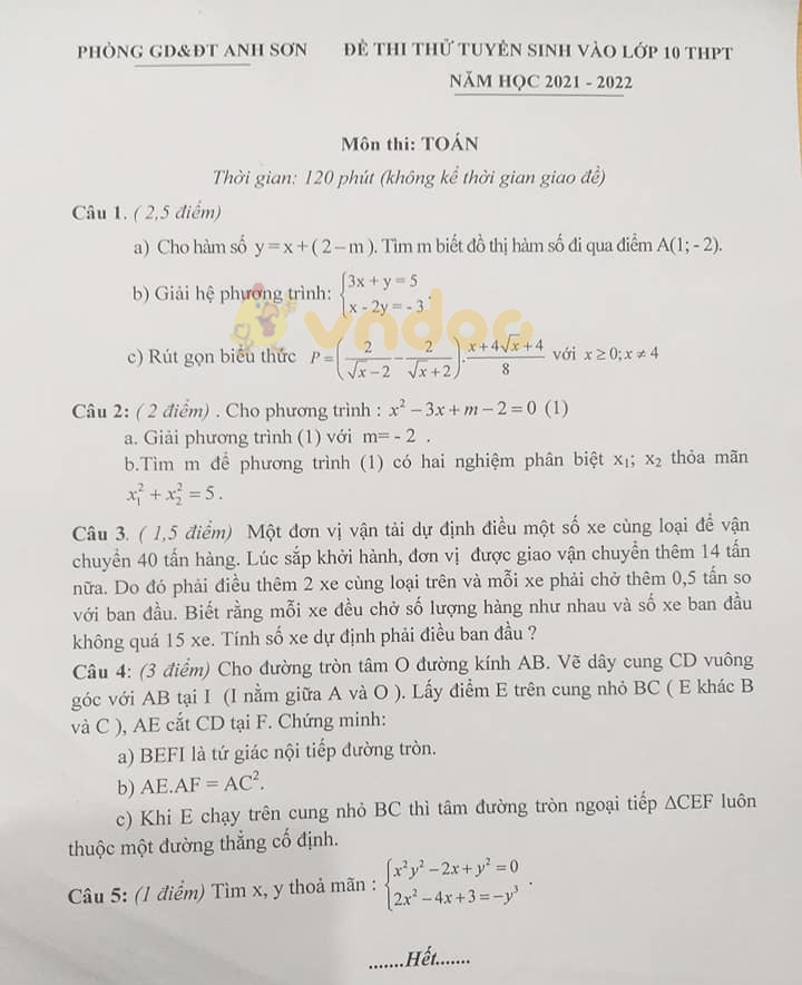 Đề thi thử vào lớp 10 môn Toán Phòng GD&ĐT Anh Sơn năm học 2021 - 2022